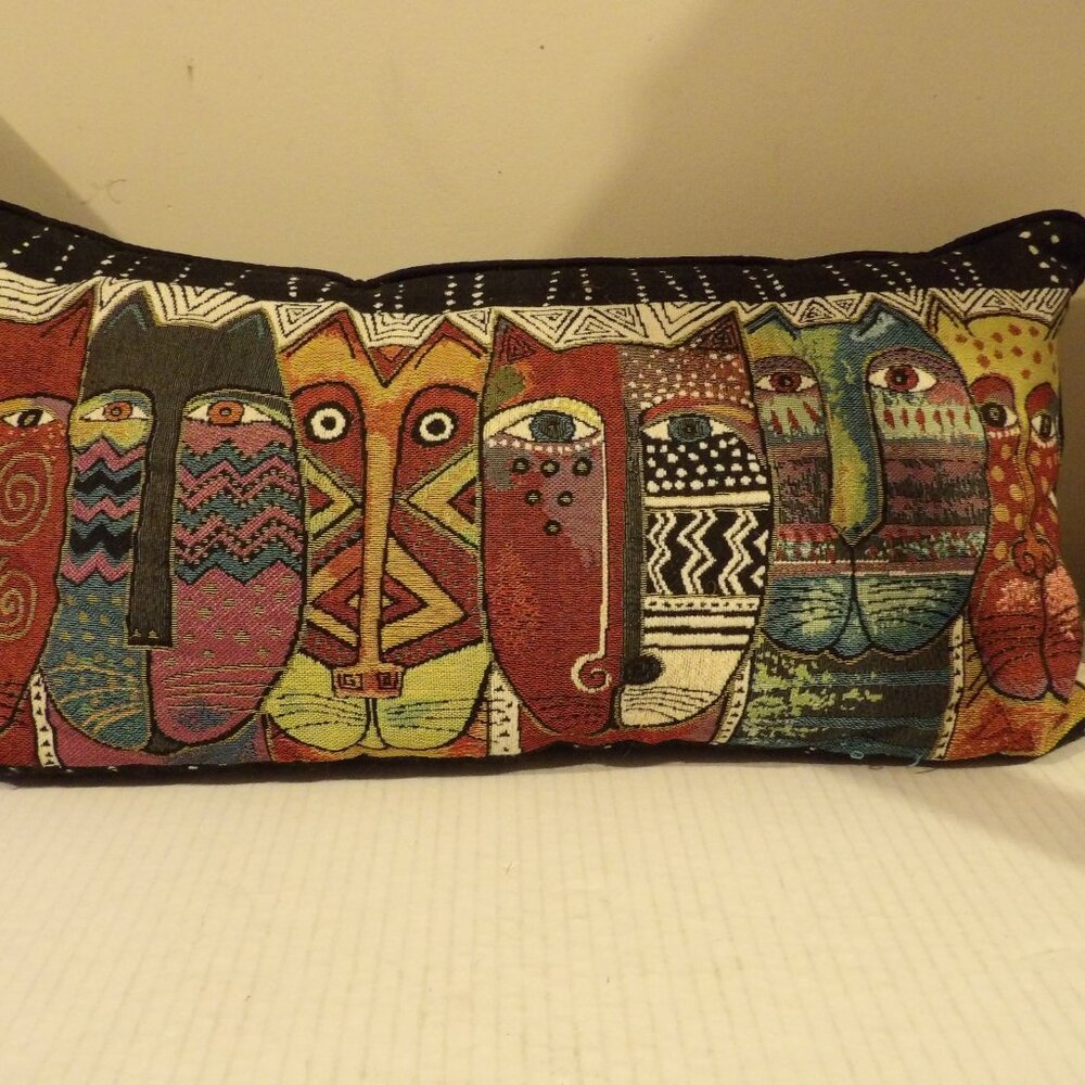 + Vintage Laurel Burch Cat's Face Tapestry Throw Pillow 23”x 12” Rectangle